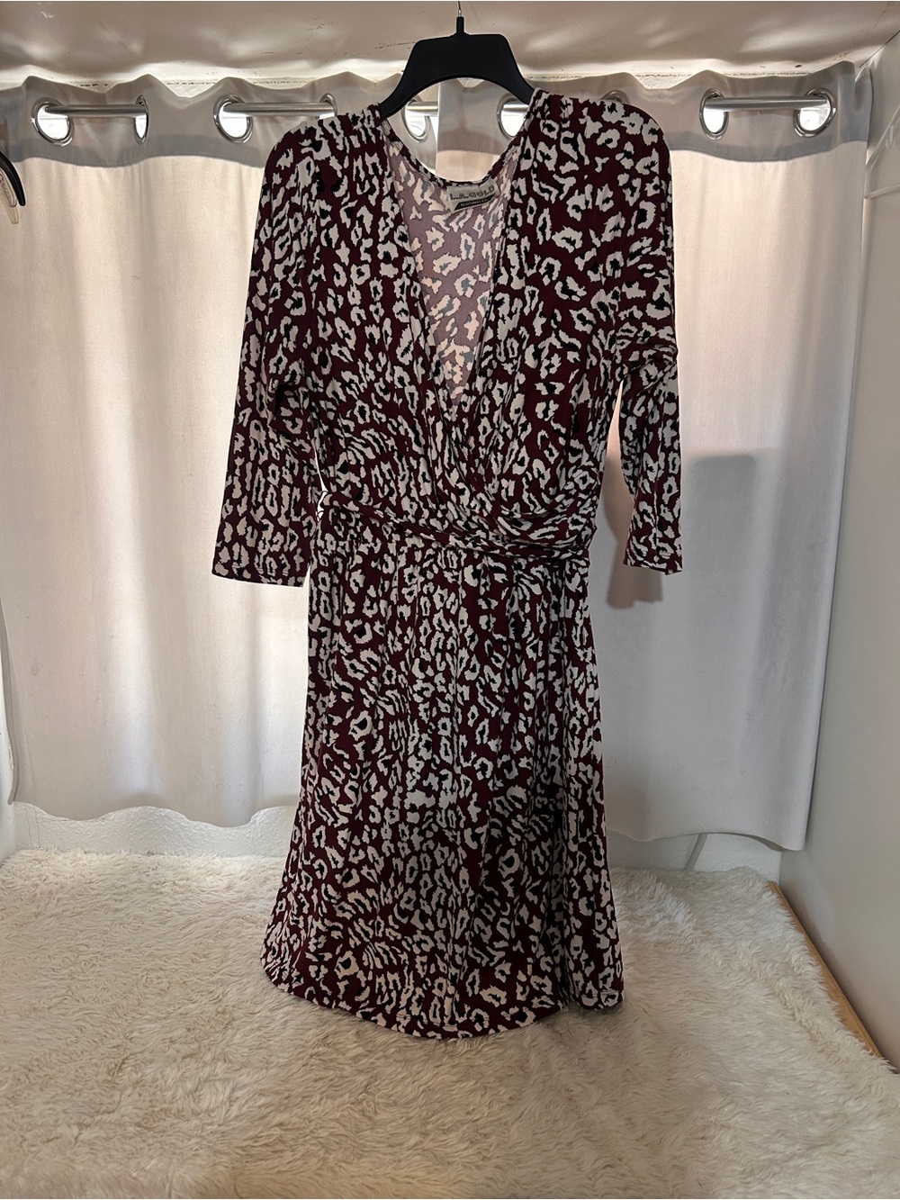 Wrap-Style Leopard Print Dress in Burgundy and Cream